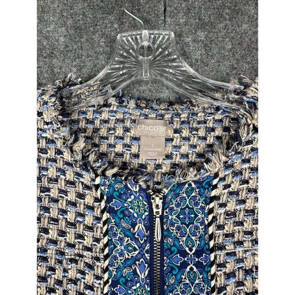 Chicos Tweed Jacket Size 1/US 8/10 Blue Zip Up Mixed Media Classy Preppy Blazer - Picture 6 of 13